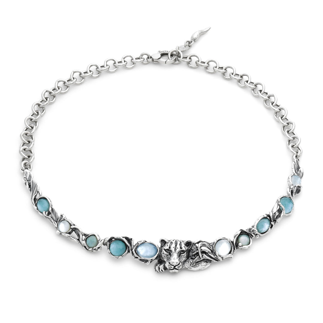 Giovanni Raspini Collar Jaguar Azul - Collar en plata 925, nácar, cristal de roca y cuarzo - 12680