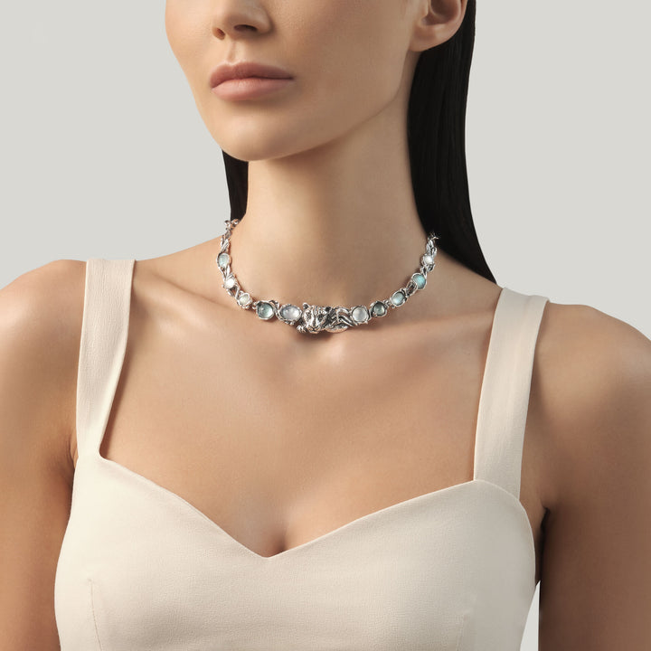 Giovanni Raspini Collar Jaguar Azul - Collar en plata 925, nácar, cristal de roca y cuarzo - 12680