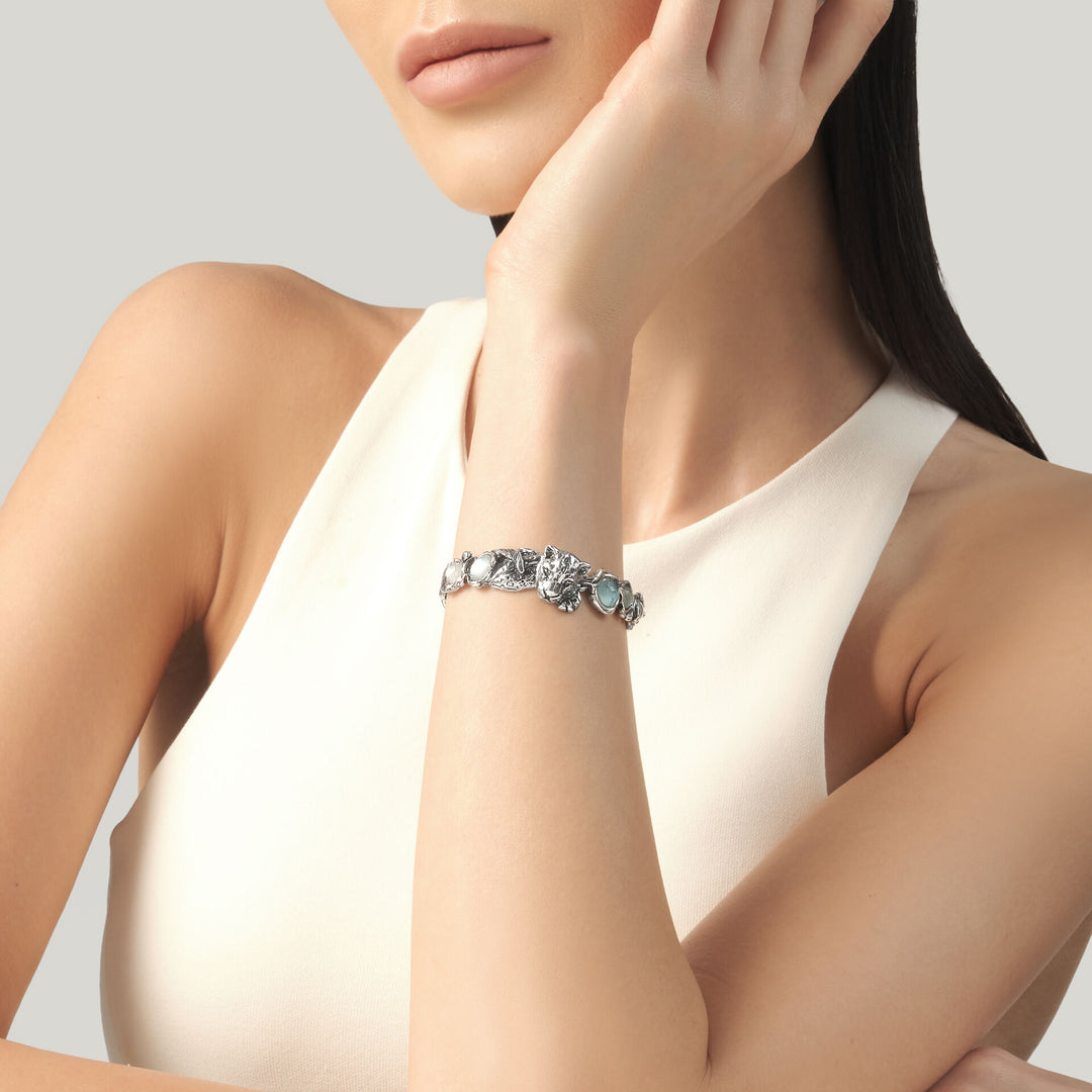 Giovanni Raspini Pulsera Jaguar Azul - Pulsera en plata 925, nácar, cristal de roca y cuarzo - 12684