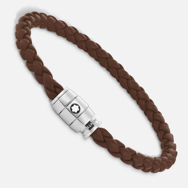 Bracelet Montblanc 3 anneaux en acier et cuir Meisterstück Brown Fawn taille S 13600060