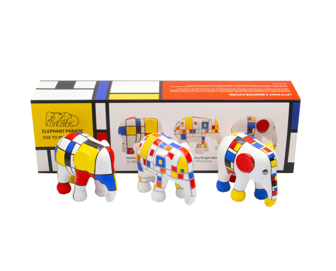 Elephant Parade multipack elefanti Ode A Mondriaan – Nipon Kaewkumdee, Esther Springer Hommage to Mondriaan + Hommage to Victory Boogie Woogie + Mondriaan Crossed My Mind MULTIPACK ODE TO MONDRIAAN