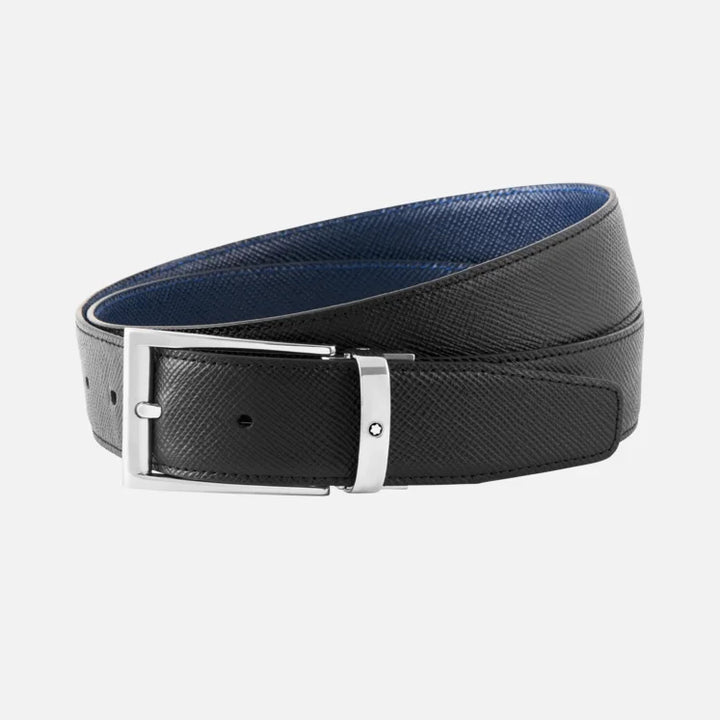 Montblanc 35 mm riem Trapezoidal Buckle Leather Sartorial omkeerbare zwartblauw verstelbare lengte 118438