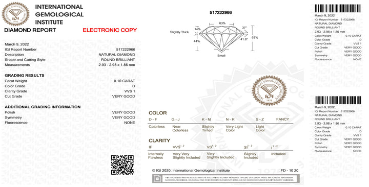 IGI diamante in blister certificato taglio brillante 0,10ct colore D purezza VVS 1