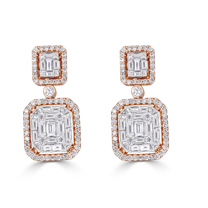 Pendientes de mosaico Zydo grow con diamantes de talla redonda y esmeralda engastados en oro rosa ilusión 51769