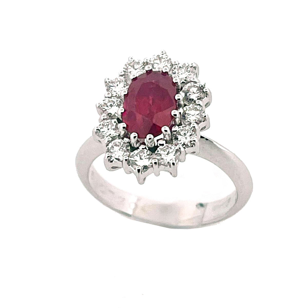 lentille bague fleur en or blanc 18 carats diamants rubis birman AFAA03051