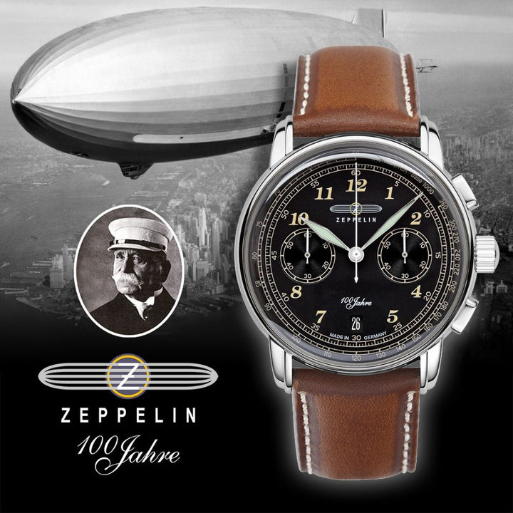 Zeppelin-Uhr 100 Jahre Zeppelin Chrono 42 mm schwarzer Quarzstahl 7674-3