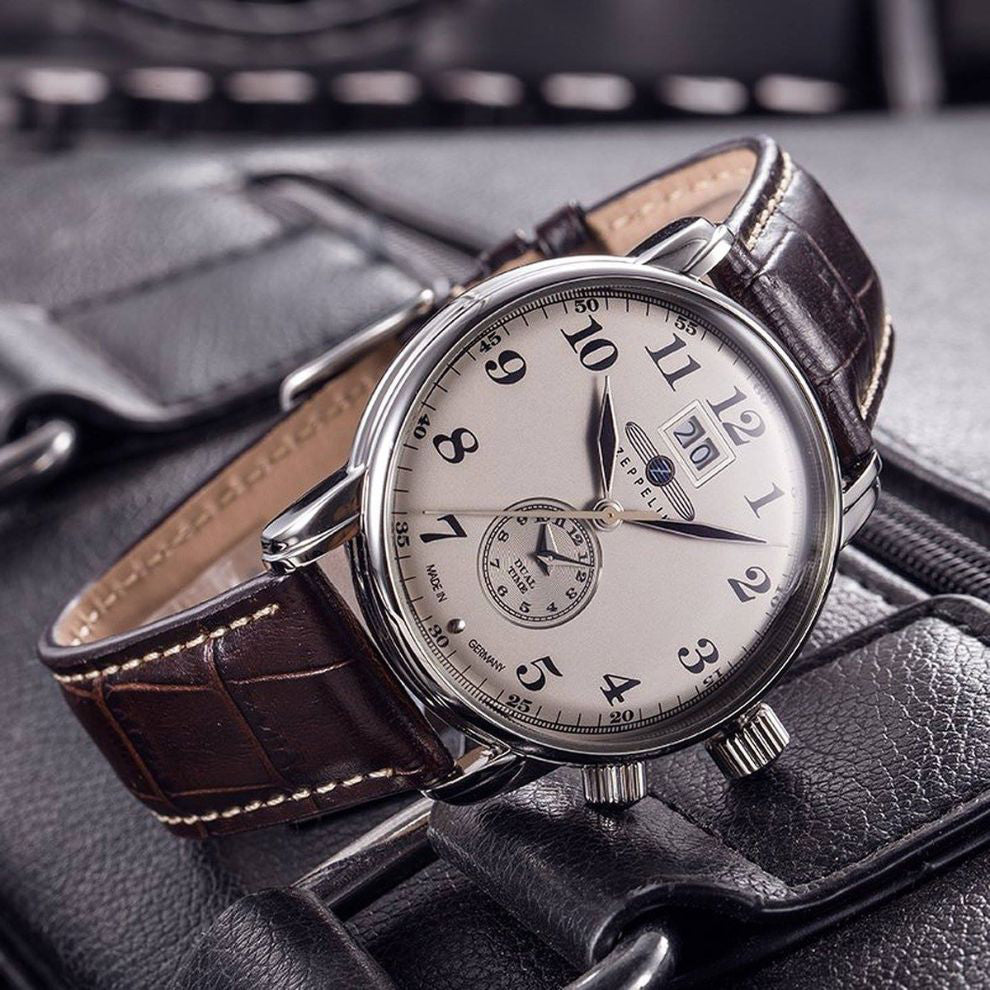 Zeppelin watch LZ127 Graf Dual Time 42mm beige quartz steel 7644-5