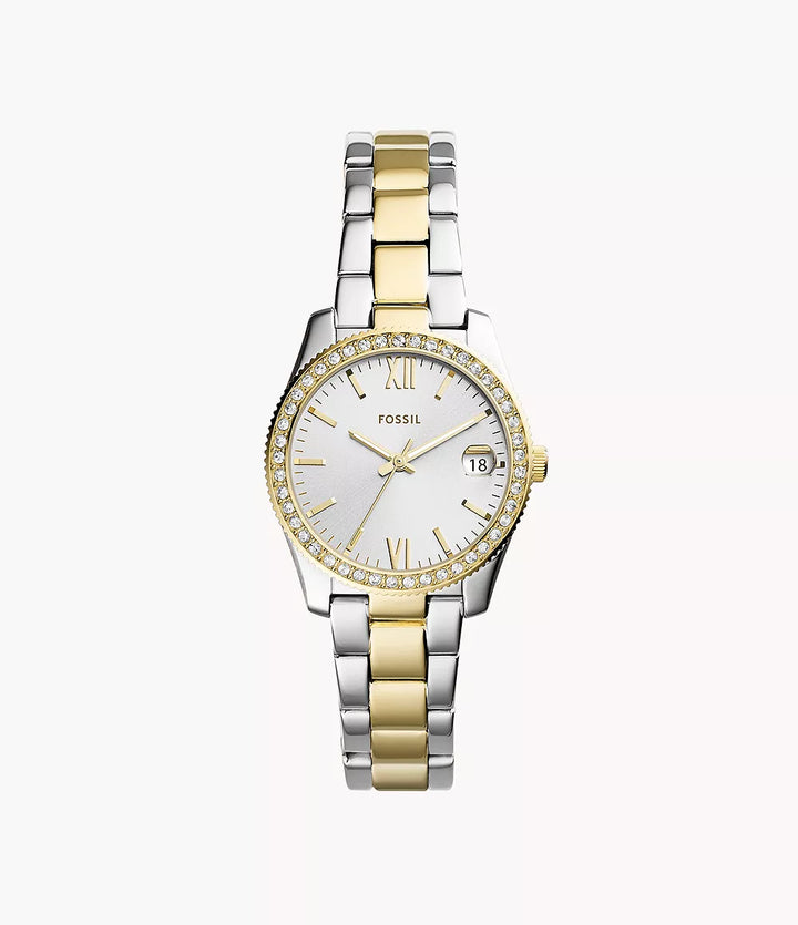 Fossile Scarlette-Uhr, 33 mm, silberner Quarzstahl, PVD-Gelbgold-Finish, ES4319