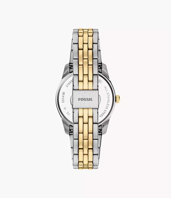 Montre Fossil Scarlette 34mm acier quartz noir PVD finition or jaune ES5458