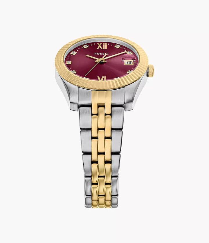 Reloj Fossil Scarlette 33mm acero cuarzo burdeos acabado PVD oro amarillo ES5461