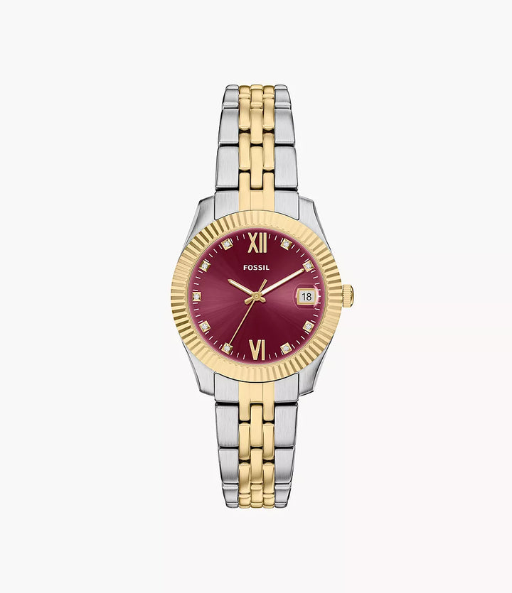 Reloj Fossil Scarlette 33mm acero cuarzo burdeos acabado PVD oro amarillo ES5461