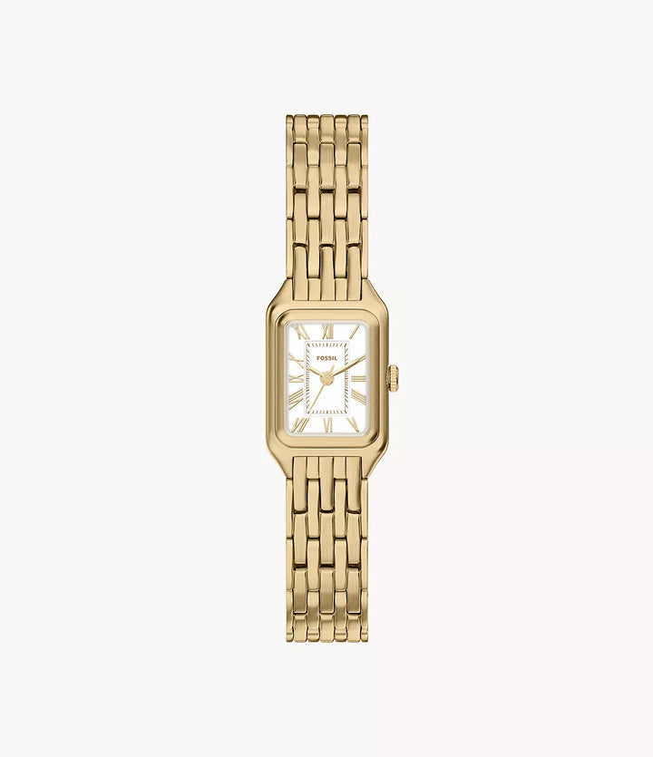 Fossile Uhr Raquel Mini 18 mm, silberner Quarzstahl, PVD-Gelbgold-Finish, ES5467