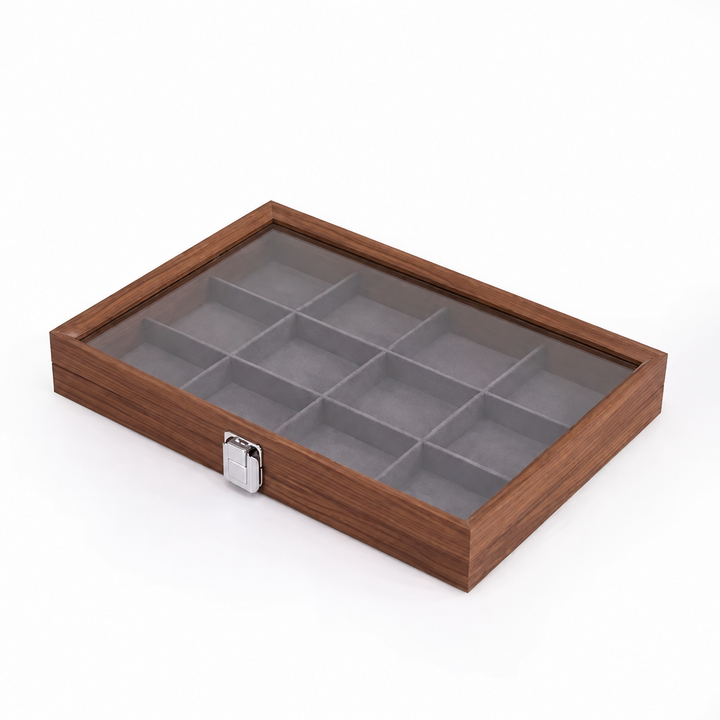 Joyero de madera de nogal Capodagli 12 compartimentos interior gris oscuro CPD-BOX-12