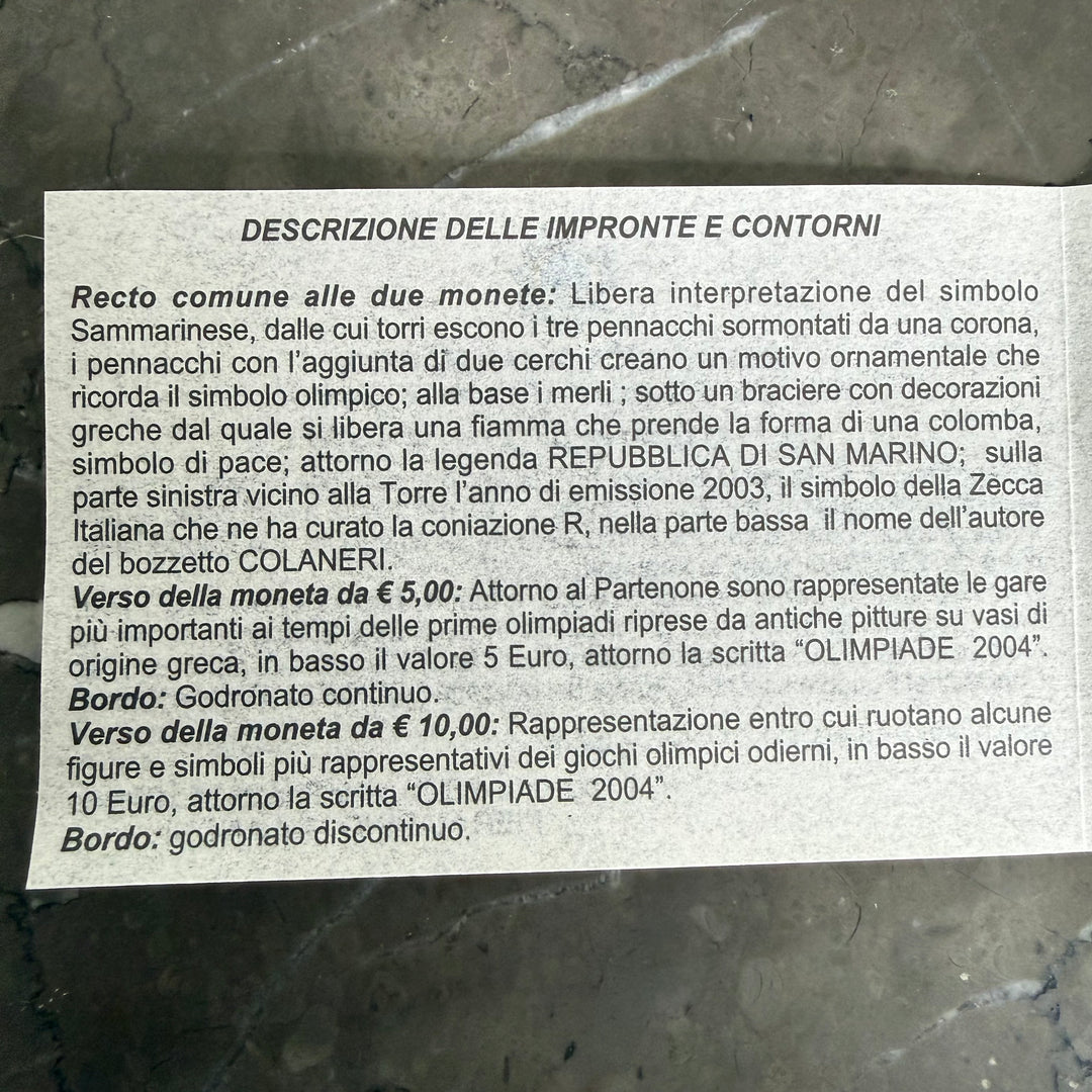 Pièces en argent 5 € 10 € République de Saint-Marin Jeux Olympiques 2004
