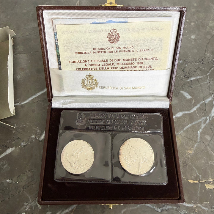 Monete in argento Repubblica di San Marino XV Olimpiade Invernale di Calgary e XXIV Olimpiade di Seul 1988