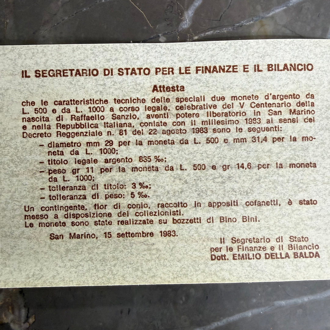 Monete in argento 500 1000 Lire Repubblica di San Marino V Centenario nascita Raffaello Sanzio 1983