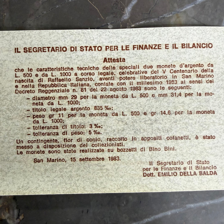 Monete in argento 500 1000 Lire Repubblica di San Marino V Centenario nascita Raffaello Sanzio 1983