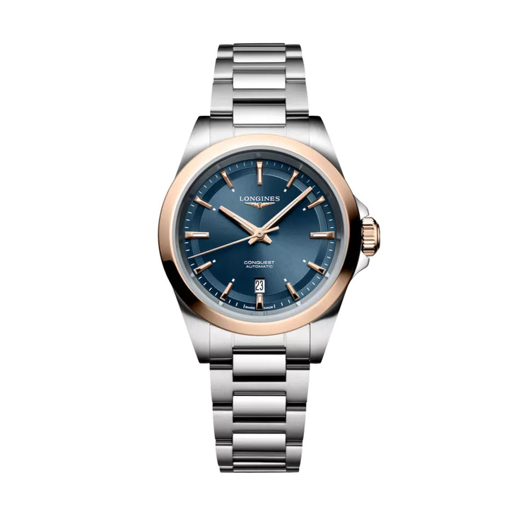 Montre Longines Conquest 30mm bleu automatique acier finition PVD or rose L3.320.5.92.6