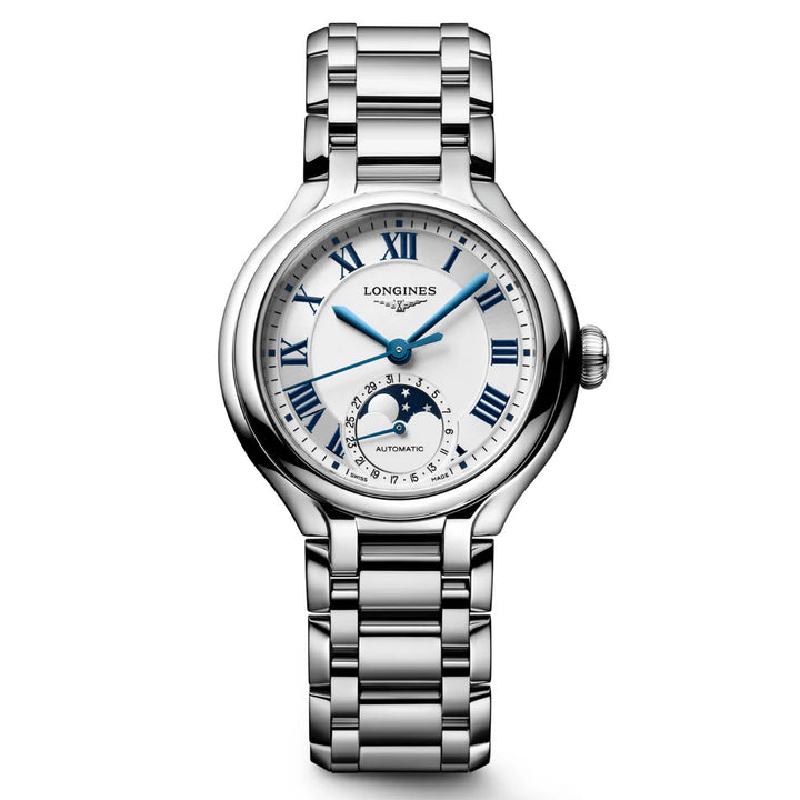 Reloj Longines Primaluna Moonphase 34mm plateado automático acero L8.126.4.71.6