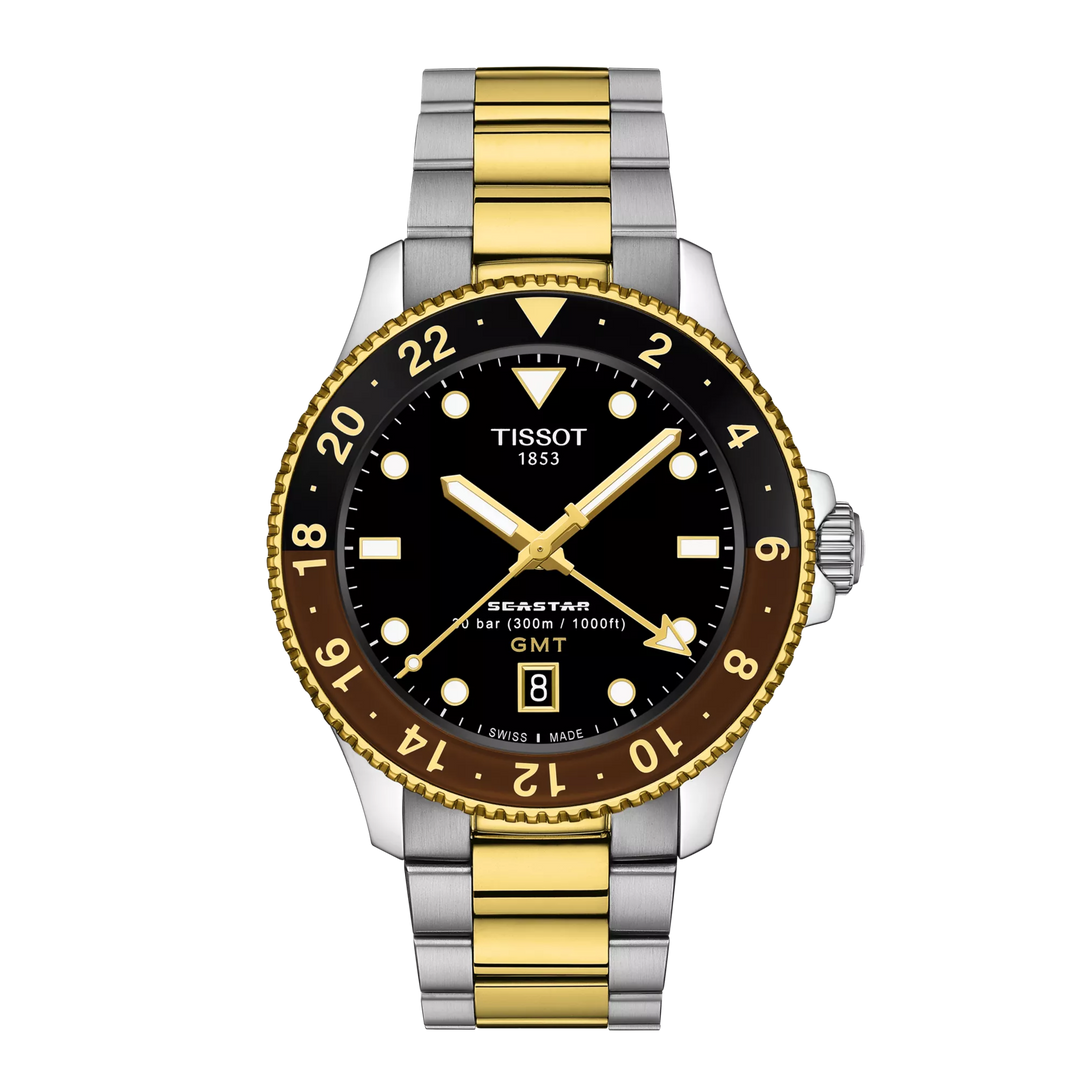 Tissot montre Seastar 1000 GMT 40mm noir quartz acier finition PVD or jaune T120.852.22.051.00