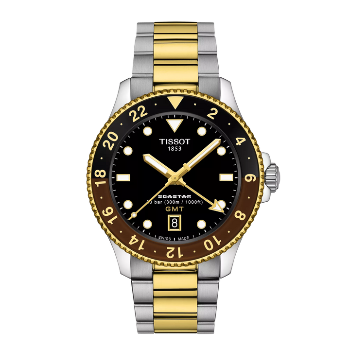 Tissot montre Seastar 1000 GMT 40mm noir quartz acier finition PVD or jaune T120.852.22.051.00