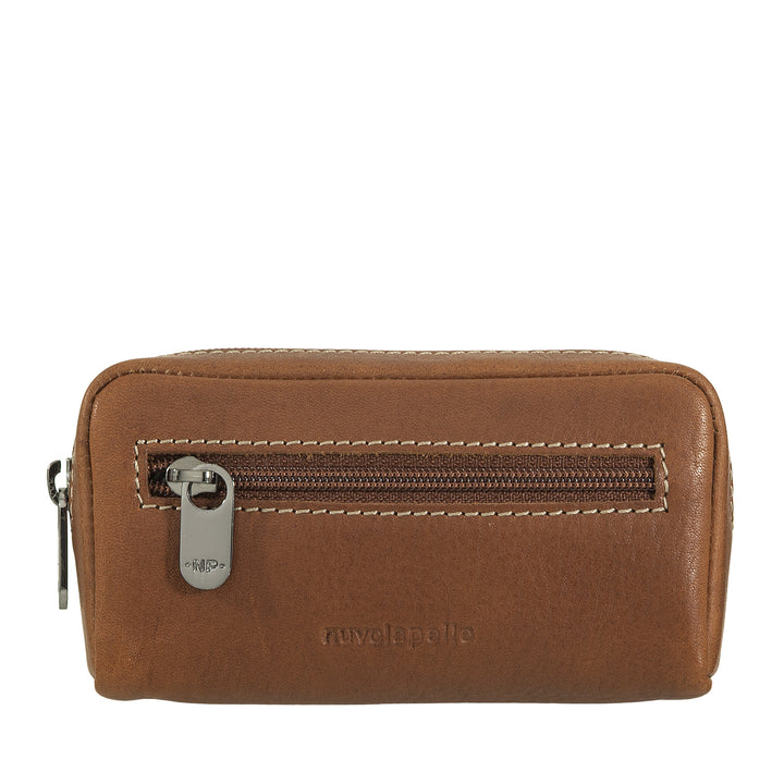 Nuvola Pelle Leather Key Case with Zip - Key Ring with 2 Metal Rings and Zip Pockets for Keys, Coins and Small Objects