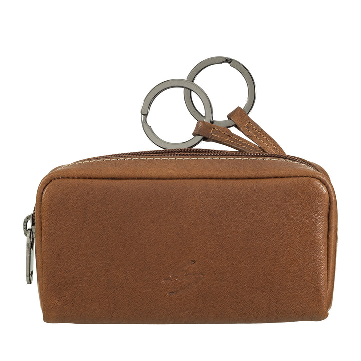 Nuvola Pelle Leather Key Case with Zip - Key Ring with 2 Metal Rings and Zip Pockets for Keys, Coins and Small Objects