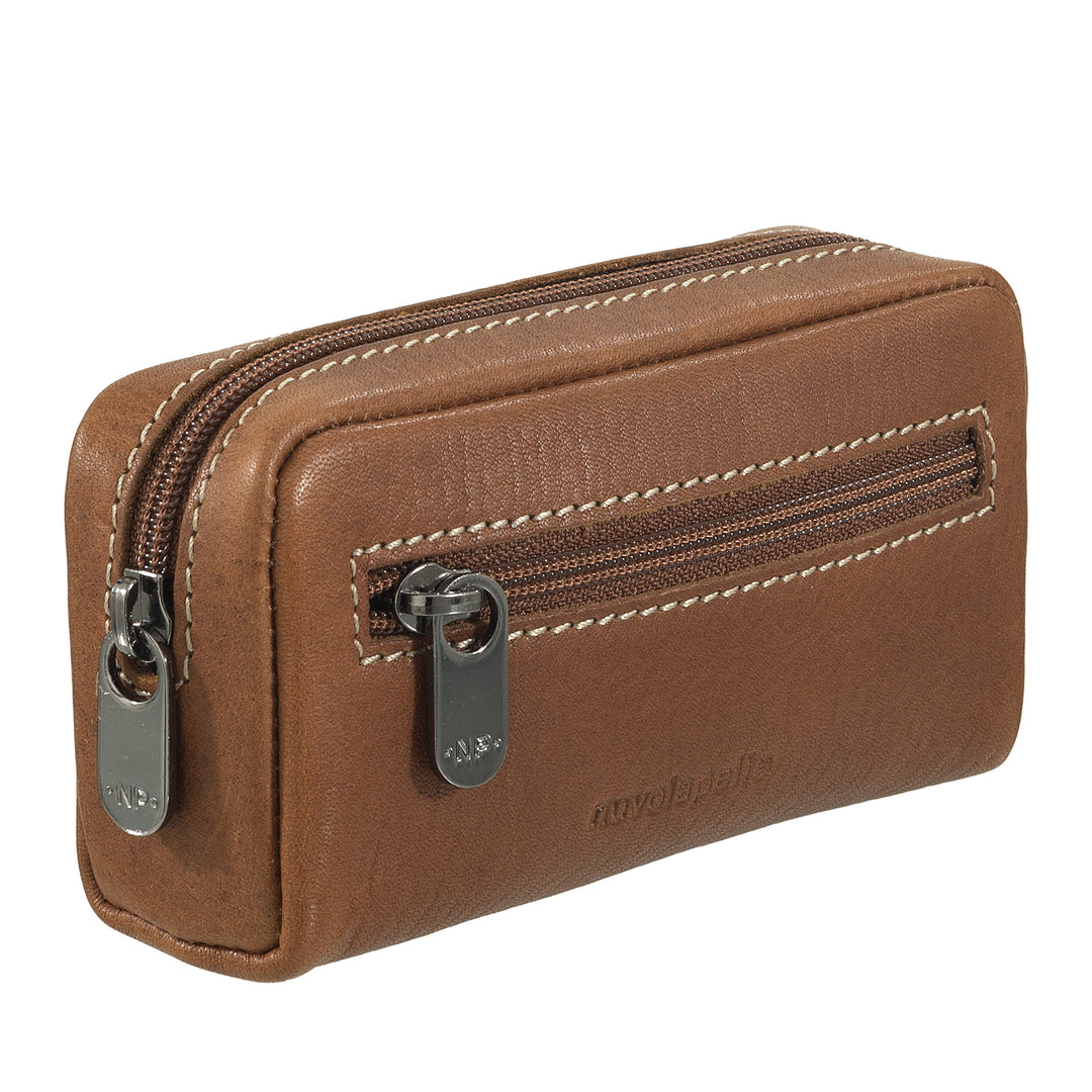 Nuvola Pelle Leather Key Case with Zip - Key Ring with 2 Metal Rings and Zip Pockets for Keys, Coins and Small Objects
