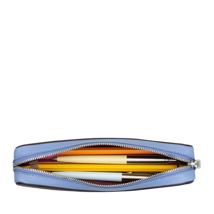 DUDU Trousse à crayons en cuir véritable avec fermeture éclair, porte-stylo, petite 18x3 cm, compacte et colorée