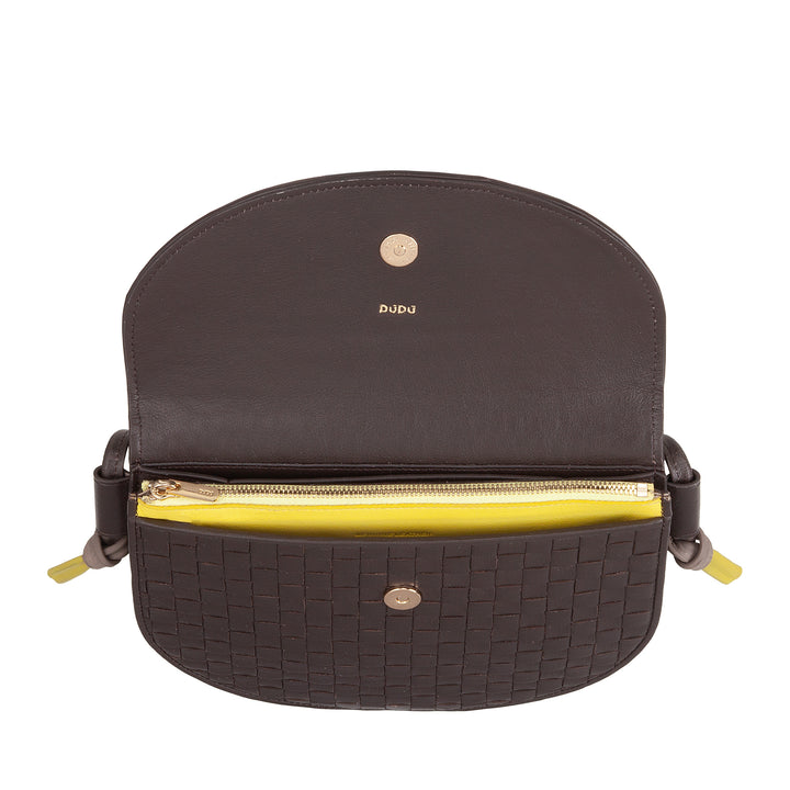 DUDU Bolso Bandolera Pequeño Tejido en Piel Auténtica con Solapa - Elegante Bolso Bandolera Mujer Artesanal, Bolso Bandolera Versátil para Uso Diario y Eventos