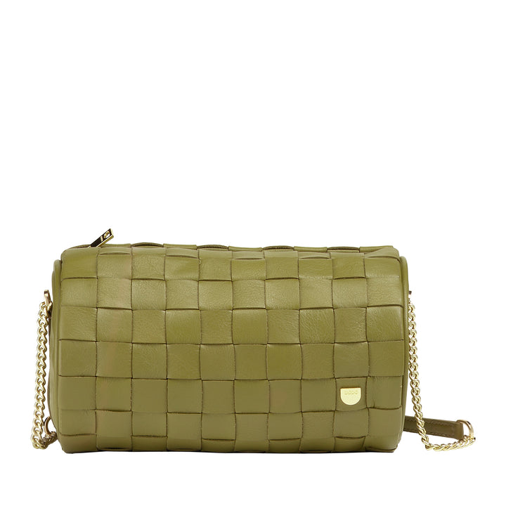 DUDU Damen-Zylindertasche aus echtem gewebtem Leder mit Kettenschultergurt, elegant – handwerkliches Design, luxuriöse zylindrische Umhängetasche für lässige und besondere Anlässe