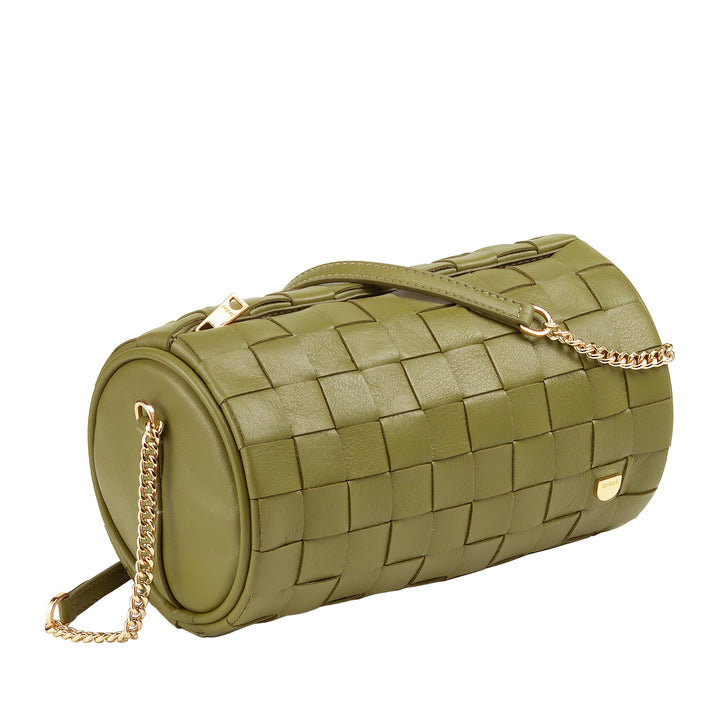DUDU Damen-Zylindertasche aus echtem gewebtem Leder mit Kettenschultergurt, elegant – handwerkliches Design, luxuriöse zylindrische Umhängetasche für lässige und besondere Anlässe