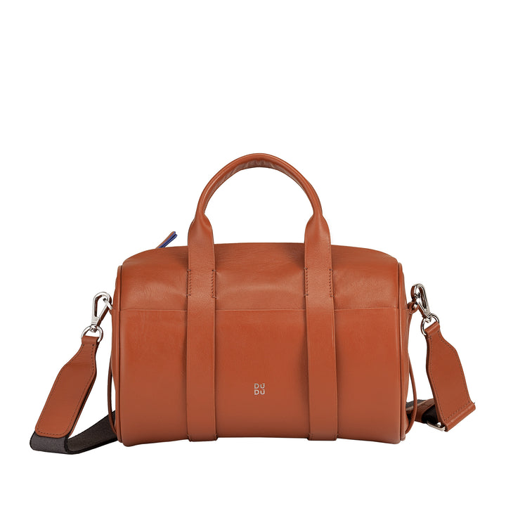 DUDU Damen-Zylindertasche aus echtem Leder, weiche zylindrische Tasche, Fasstasche mit Schultergurt und zwei Griffen, elegantes, farbenfrohes Design