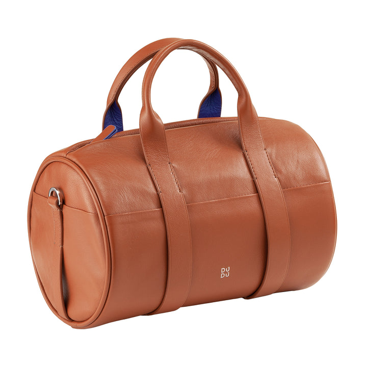 DUDU Damen-Zylindertasche aus echtem Leder, weiche zylindrische Tasche, Fasstasche mit Schultergurt und zwei Griffen, elegantes, farbenfrohes Design