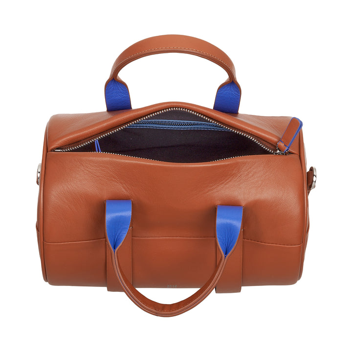 DUDU Damen-Zylindertasche aus echtem Leder, weiche zylindrische Tasche, Fasstasche mit Schultergurt und zwei Griffen, elegantes, farbenfrohes Design