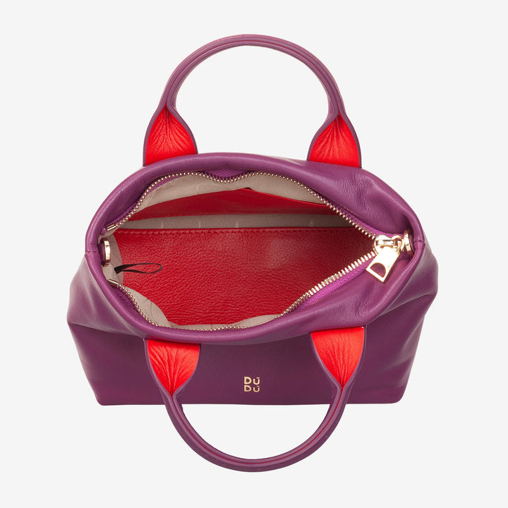 DUDU Kleine Damen-Umhängetasche aus echtem Leder, elegante Mini-Abendtasche, 22 x 13 cm, doppelte Griffe, Kettenschultergurt, Reißverschluss