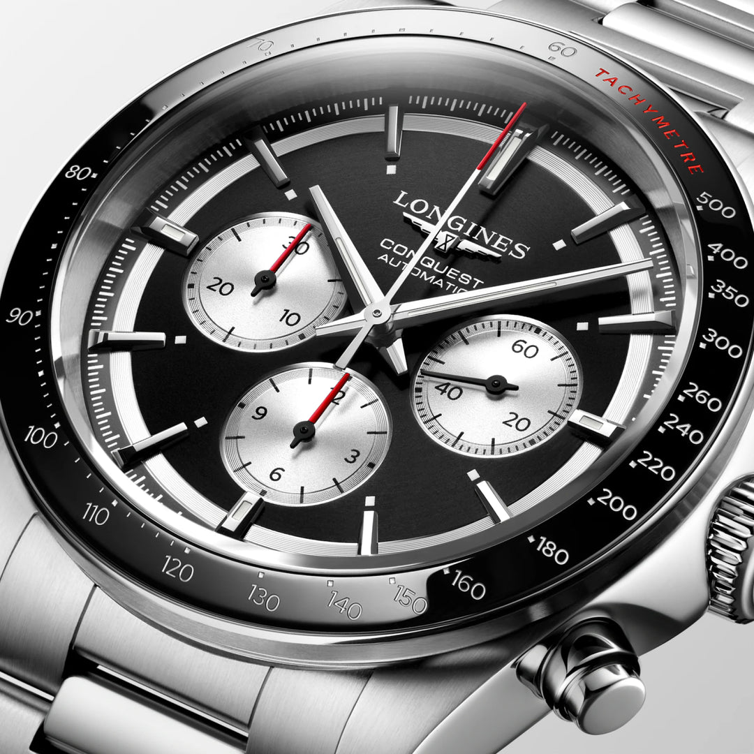 Montre Longines Conquest Chronograph 42 mm en acier automatique noir L3.835.4.52.6