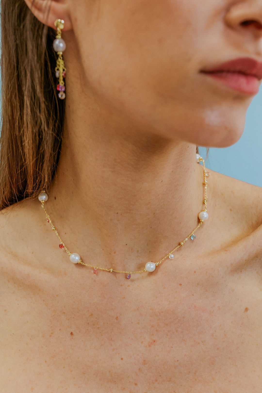 Comete Girocollo Argento 925‰ con cristalli multicolor e Perle Acquadolce GLA276
