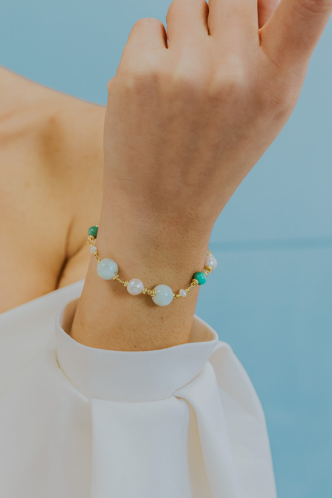 Comete Bracciale Argento 925‰ con Perle Acquadolce, Giada colorata, Angelite BRA279
