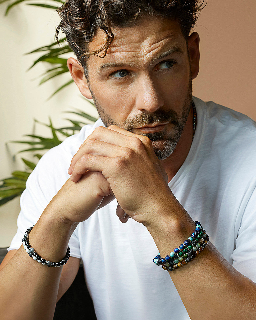 Bracelet Comete en Acier avec Oeil de Tigre et Pierre de Lave UBR1141