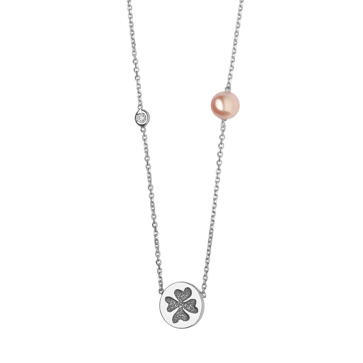Comete Collana in Oro bianco con Quadrifoglio e Perla rosa GLP503