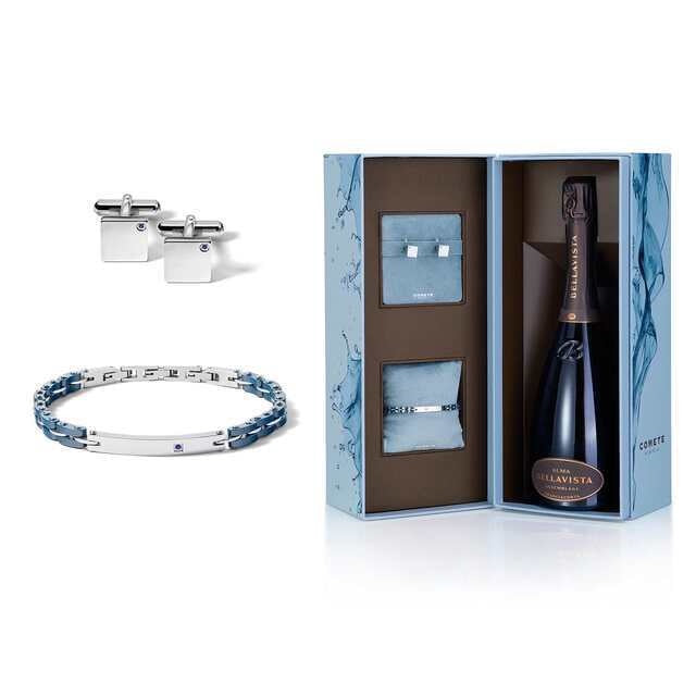 Comete Regalo Divino Kit bracciale acciaio ceramica e gemelli zaffiro blu KITGVZAF