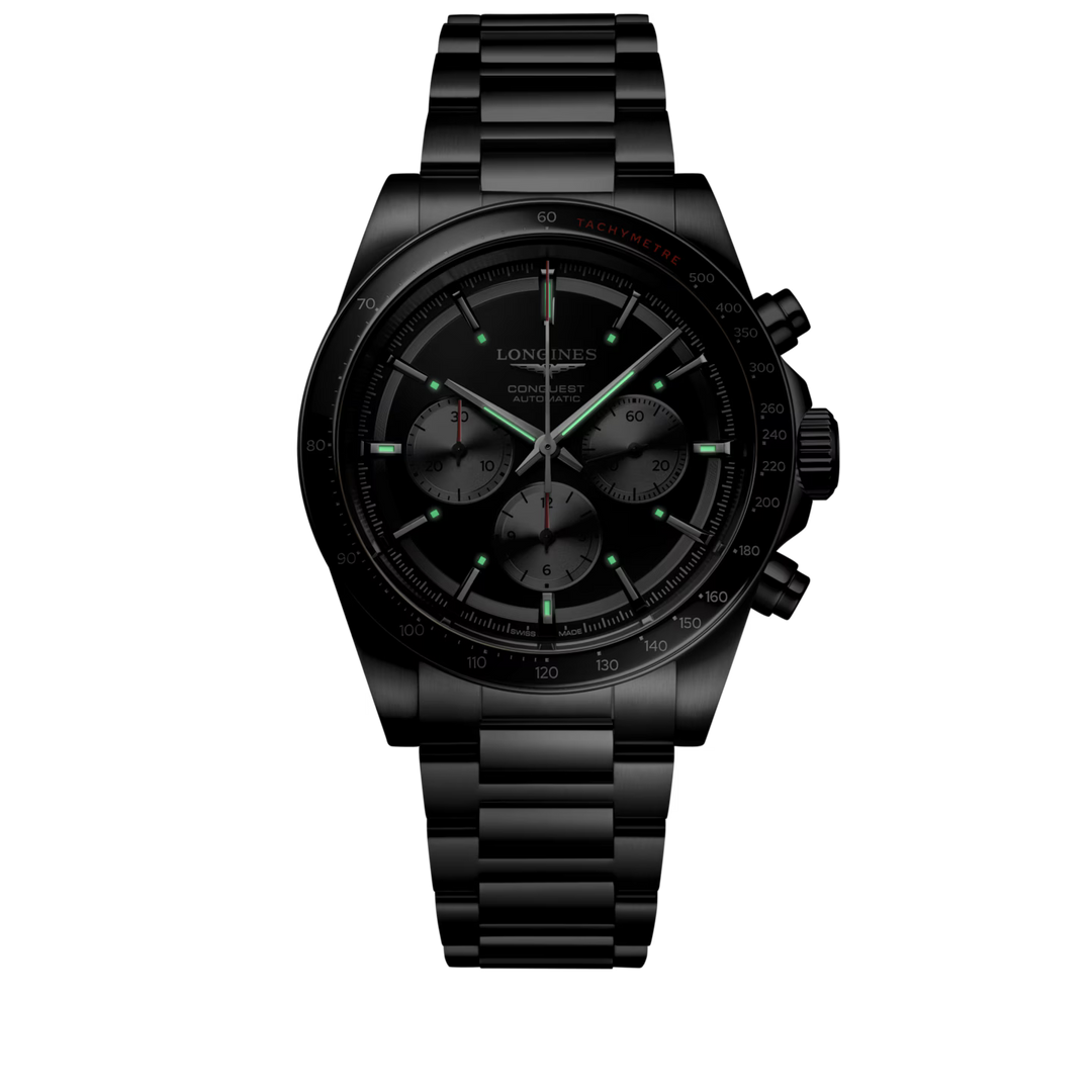 Montre Longines Conquest Chronograph 42 mm en acier automatique noir L3.835.4.52.6