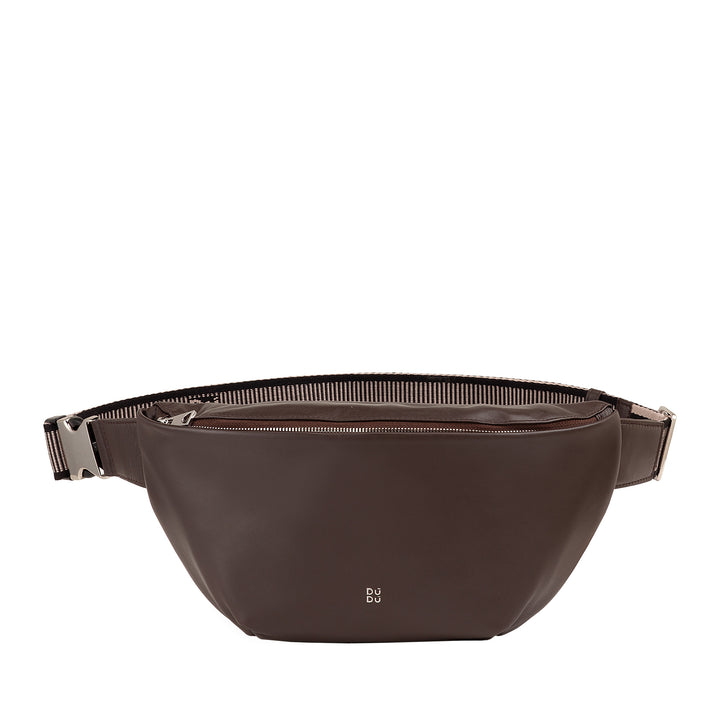 DUDU Genuine Leather Waist Bag for Men Women with Adjustable Strap, Clean Elegant Roomy Design, 3-Zip Waist Bag