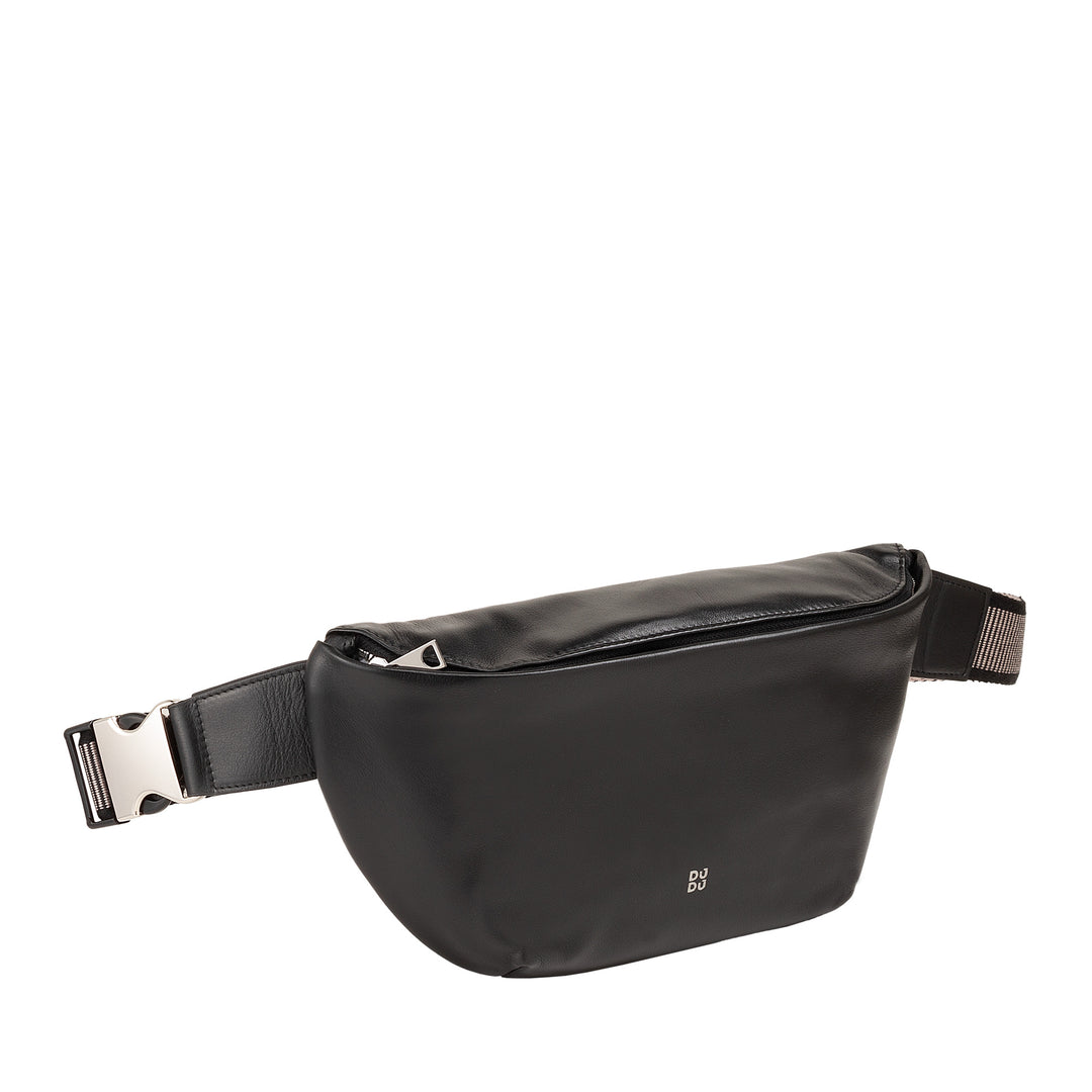 DUDU Genuine Leather Waist Bag for Men Women with Adjustable Strap, Clean Elegant Roomy Design, 3-Zip Waist Bag