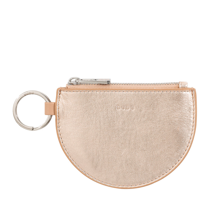 DUDU small leather holder for women with zip zip and key ring, slim design with 'd', metallic compact