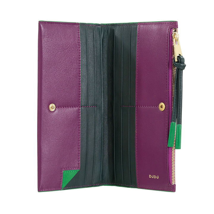 DUDU Portafoglio Donna Grande Slim in Pelle con Zip - Portafogli Lungo Verticale Elegante a Libro con Porta Carte, Tasca Monete con Cerniera e Scomparti per Banconote