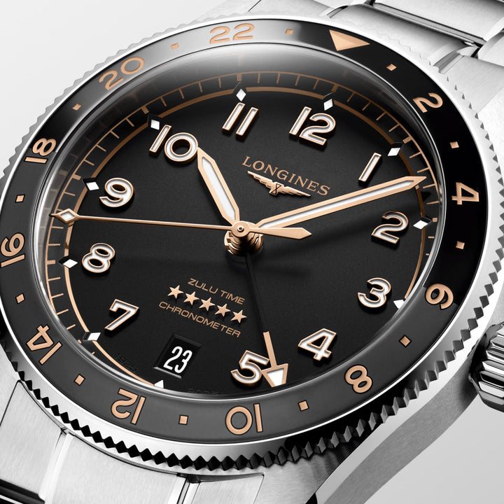 Longines Uhr Spirit Zulu Time 39 mm schwarzer Automatikstahl L3.802.4.50.6