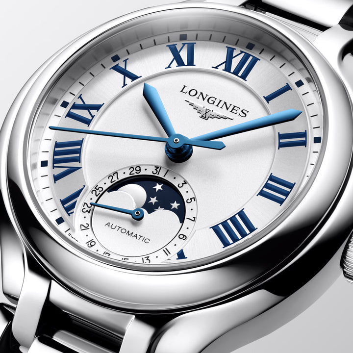 Reloj Longines Primaluna Moonphase 34mm plateado automático acero L8.126.4.71.6
