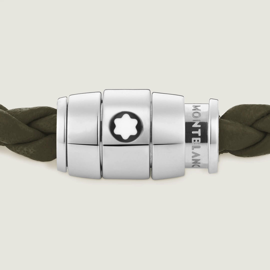 Bracelet Montblanc 3 anneaux en acier et cuir Meisterstück Kaki taille L 13600568